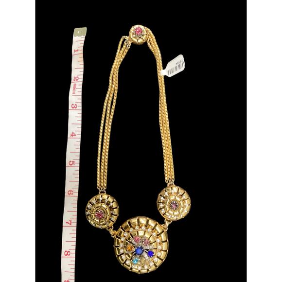 Beautiful Vintage Gold Tone 3 Chain Necklace Colorful Rhinestones Ornate Closure - Picture 6 of 6